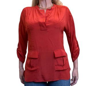 ANTHROPOLOGIE Muted Red Silk tunic with pockets and roll up tab sleeve S…